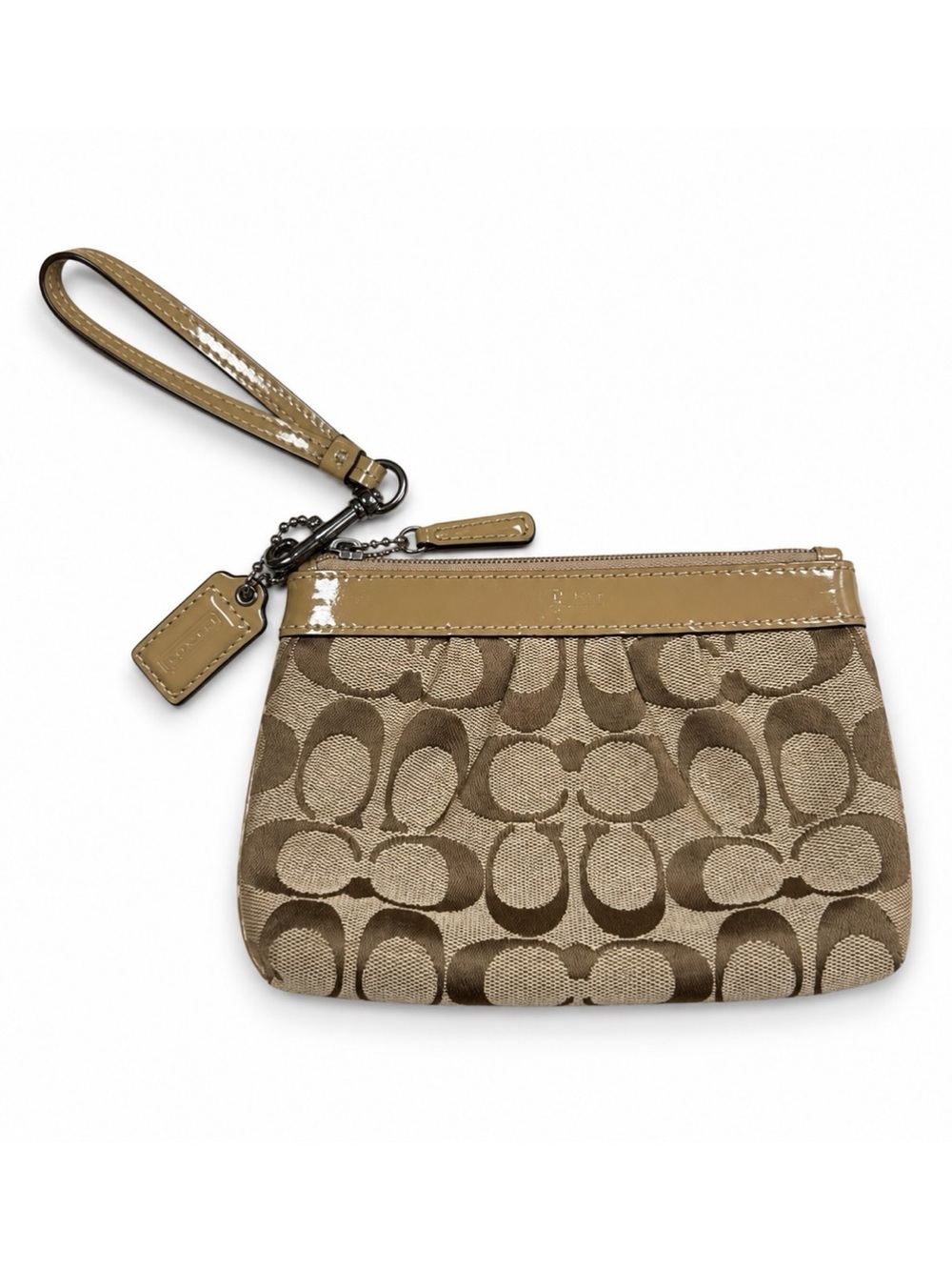 Coach Tan Khaki Small Signature Wristlet Zip Top Pouch